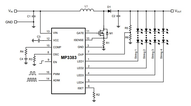 Application Circuit Diagram - Monolithic Power Systems (MPS) MP3383 Step-Up WLED Controllers